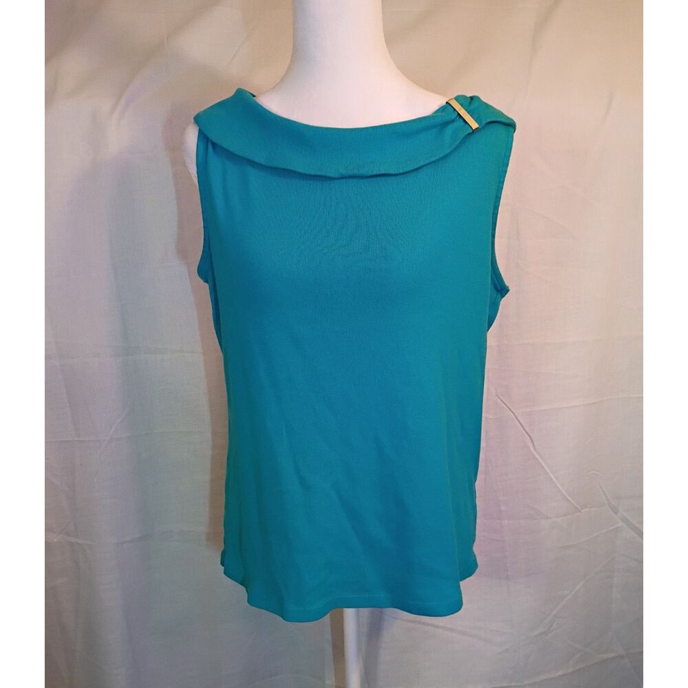 Rafaella Studio Turquoise Blue Sleeveless Cowl Neck Top with Gold Accent Size L